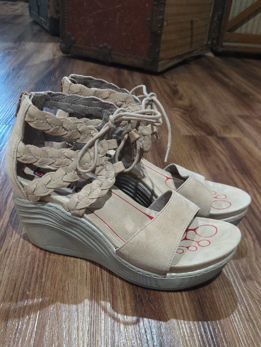 Bionica Tan Braided Lace-Up Wedge Sandals